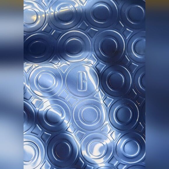 Clinique Tote Large Cosmetic Case Metallic Blue Tan Gold Handle Vinyl Patent - Picture 3 of 9